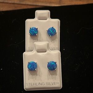 925 Sterling Silver Blue Opal  Stud Earrings‎ set of 2